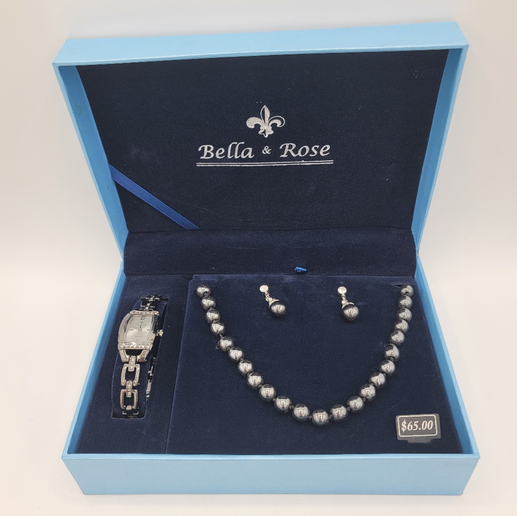 Bella & Rose Jewelry Set Black Pearl Look Necklace Earrings & Watch Box Set